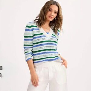 Beachy Casual Striped Open Knit Sweater Relaxed Fit V Neck Blue Green